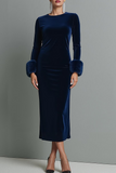 Dark Blue Velvet Sheath Long Holiday Party Dress with Sleeves