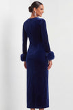 Dark Blue Velvet Sheath Long Holiday Party Dress with Sleeves