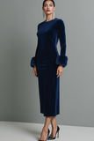 Dark Blue Velvet Sheath Long Holiday Party Dress with Sleeves