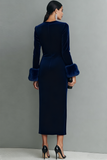 Dark Blue Velvet Sheath Long Holiday Party Dress with Sleeves