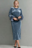 Dark Blue Velvet Sheath Plus Size Long Holiday Party Dress with Sleeves