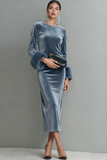 Dark Blue Velvet Sheath Long Holiday Party Dress with Sleeves