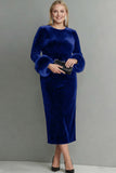 Dark Blue Velvet Sheath Plus Size Long Holiday Party Dress with Sleeves
