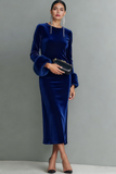 Dark Blue Velvet Sheath Long Holiday Party Dress with Sleeves