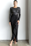 Sparkly Black Sequins Round Neck Sheath Long Formal Dress with Ruffles