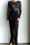 Sparkly Black Sequins Round Neck Sheath Long Formal Dress with Ruffles