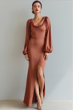 Bronzer Maxi Cowl Neck Satin Formal Dress with Slit