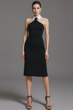 Black Midi Collar Neck Bodycon Backless Cocktail Dress