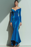 Velvet Blue Mermaid Long Formal Dress with Sleeves