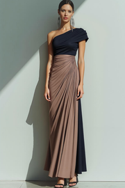 Leely Women Brown Black Sheath Maxi Formal Dress Patchwork One Shoulder