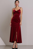 Dark Green Velvet Sheath Spaghetti Straps Maxi Evening Dress with Slit