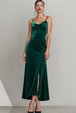 Dark Green Velvet Sheath Spaghetti Straps Maxi Evening Dress with Slit