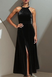 Black Velvet Round Neck Maxi Formal Dress with Slit