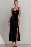 Black Sheath Velvet Thick Straps Maxi Formal Dress with Slit