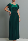Dark Green Velvet Sheath Maxi Holiday Party Dress with Sleeves