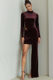 Brown Bodycon Velvet High Neck Short Cocktail Dress with Sleeves