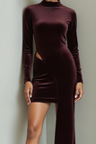 Brown Bodycon Velvet High Neck Short Cocktail Dress with Sleeves