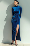 Royal Blue Velvet High Neck Ruched Long Formal Dress with Slit