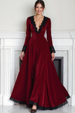 Cabernet A Line Velvet Maxi Evening Dress with Lace