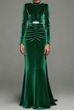 Royal Blue Mermaid Velvet High Neck Ruched Long Formal Dress