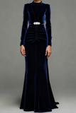 Royal Blue Mermaid Velvet High Neck Ruched Long Formal Dress