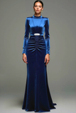 Royal Blue Mermaid Velvet High Neck Ruched Long Formal Dress