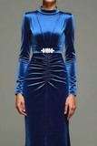 Royal Blue Mermaid Velvet High Neck Ruched Long Formal Dress