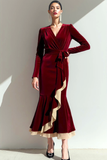 Cabernet V-Neck Velvet Mermaid Maxi Evening Dress with Ruffles