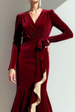 Cabernet V-Neck Velvet Mermaid Maxi Evening Dress with Ruffles