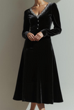 Black A Line Velvet V-Neck Maxi Formal Dress with Sleeves
