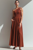 Terracotta Velvet One Shoulder Long Formal Dress with Pocket