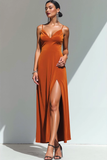 Paprika Velvet Sheath Spaghetti Straps Long Formal Dress with Slit
