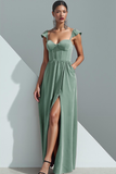 Olive Velvet Corset Sheath Long Evening Dress with Slit