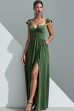 Olive Velvet Corset Sheath Long Evening Dress with Slit