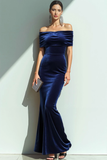 Navy Velvet Off the Shoulder Mermaid Long Formal Dress