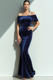 Navy Velvet Off the Shoulder Mermaid Long Formal Dress