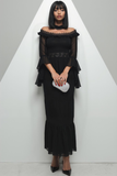 Black Chiffon Mermaid Ruffled Long Evening Dress with Sleeves