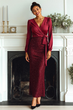 Glitter Cabernet Satin V-Neck Maxi Formal Dress with Sleeves
