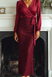 Glitter Cabernet Satin V-Neck Maxi Formal Dress with Sleeves