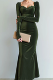 Dark Green Mermaid Velvet Long Formal Dress with Sleeves