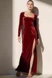 Cabernet Velvet Square Neck Maxi Formal Dress with Sleeves