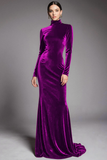 Cabernet Velvet High Neck Sweep Train Formal Dress with Sleeves
