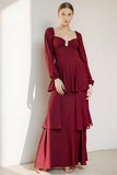 Cabernet Chiffon Tiered Long Evening Dress with Sleeves