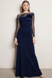Navy Chiffon Bateau Neck Long Evening Dress with 3D Flower