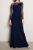 Navy Chiffon Bateau Neck Long Evening Dress with 3D Flower