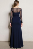 Navy Chiffon Bateau Neck Long Evening Dress with 3D Flower