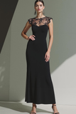 Black Illusion Boat Neck Cap Sleeves Long Evening Dress