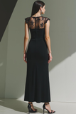 Black Illusion Boat Neck Cap Sleeves Long Evening Dress