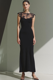 Black Illusion Boat Neck Cap Sleeves Long Evening Dress