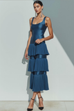 Blue Satin Tiered Thick Straps Long Evening Dress